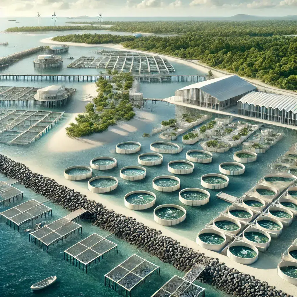 Collaborative meeting between government, private sector, and scientists discussing sustainable aquaculture practices.