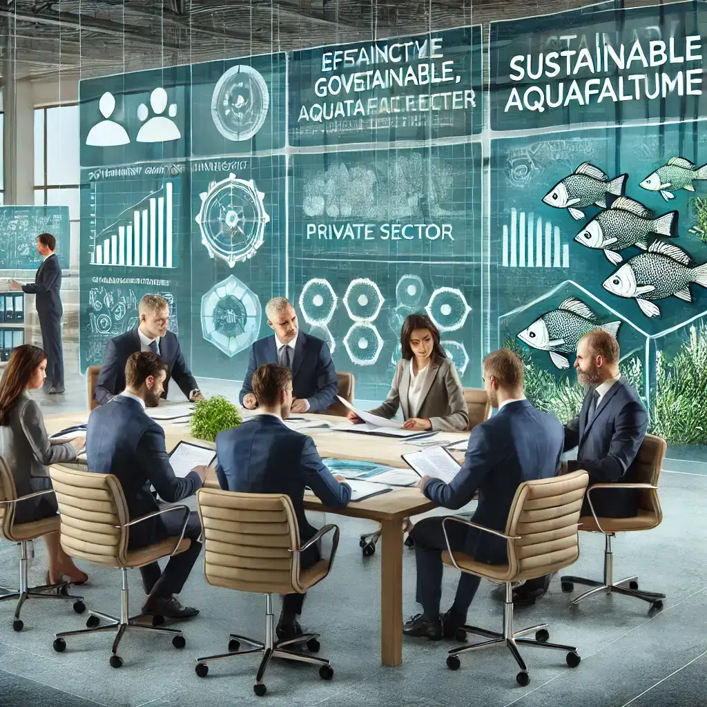 Climate-resilient aquaculture farm with raised tanks, seawalls, and restored mangroves near a coastal area.