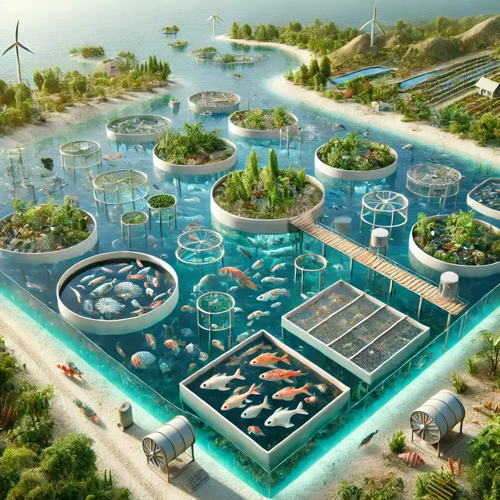 A sustainable aquaculture farm with diverse aquatic life and eco-friendly systems, showcasing clean water, healthy vegetation, and minimal waste.