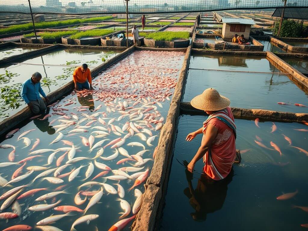 Top Aquaculture Producers: An Indian aquaculture farm with ponds for shrimp, carp, and pangasius, featuring workers tending to the ponds in a rural setting with palm trees and small farms in the background