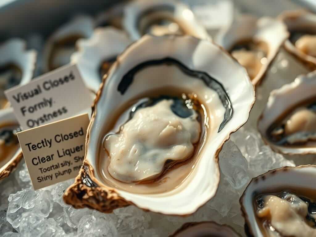A close-up of a freshly opened oyster with plump, moist meat and clear briny liquid in an intact shell, surrounded by closed oysters on ice, highlighting the visual cues of freshness.








