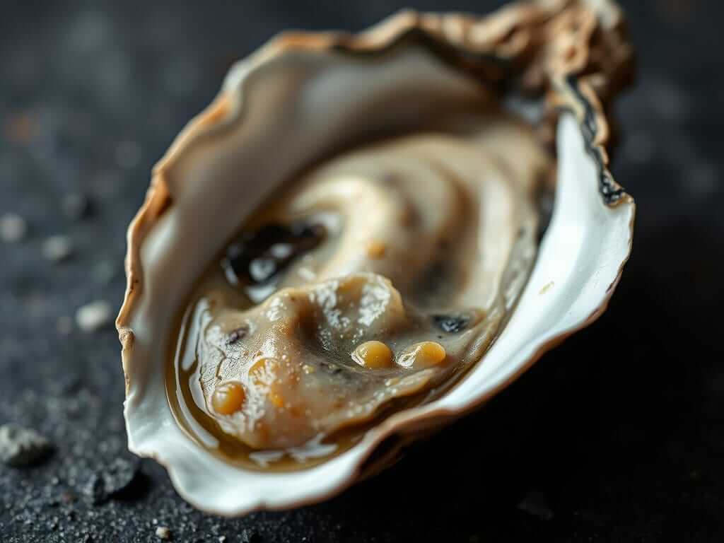 An oyster with discolored meat showing dark spots and yellow patches, a clear sign of spoilage.

