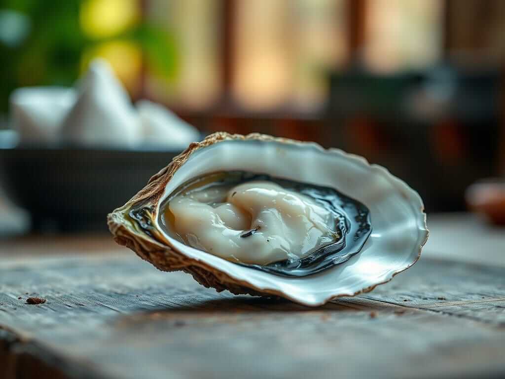 A close-up of a freshly opened oyster with plump, moist meat and clear briny liquid in an intact shell, surrounded by closed oysters on ice, highlighting the visual cues of freshness.








