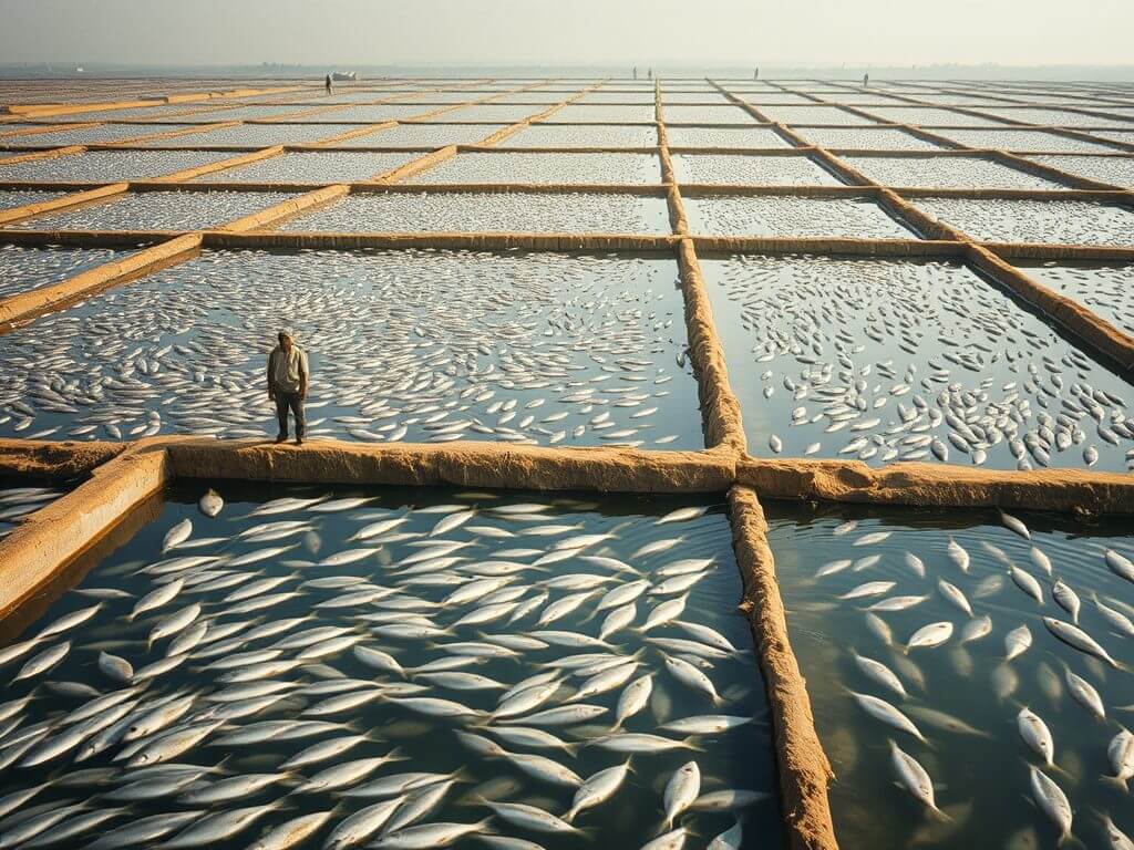 An Egyptian tilapia and catfish farm in the Nile Delta, featuring large ponds filled with fish, surrounded by greenery and agricultural fields near the Nile River.