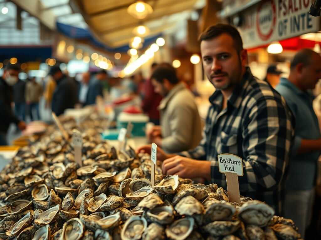 A vendor selling oysters with no information on species, origin, or harvest date, indicating a lack of transparency.

