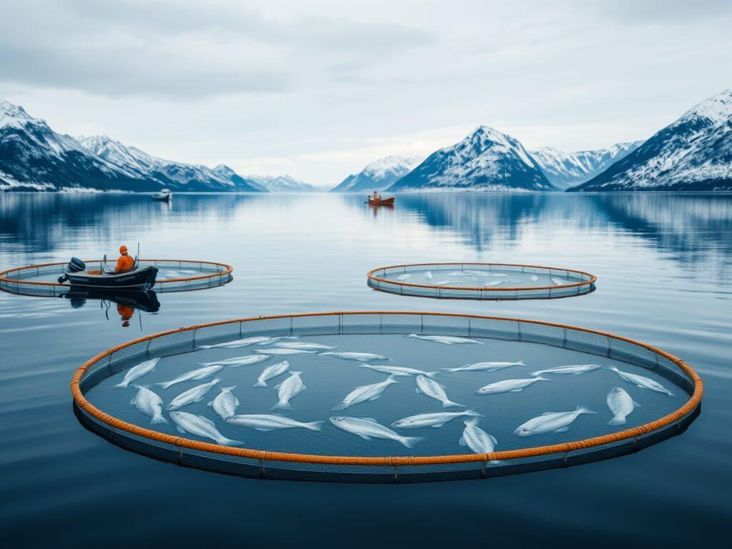  A Norwegian salmon farm with large circular net pens floating in cold waters, set against a backdrop of fjords and snow-capped mountains, with workers monitoring the pens from boats.
