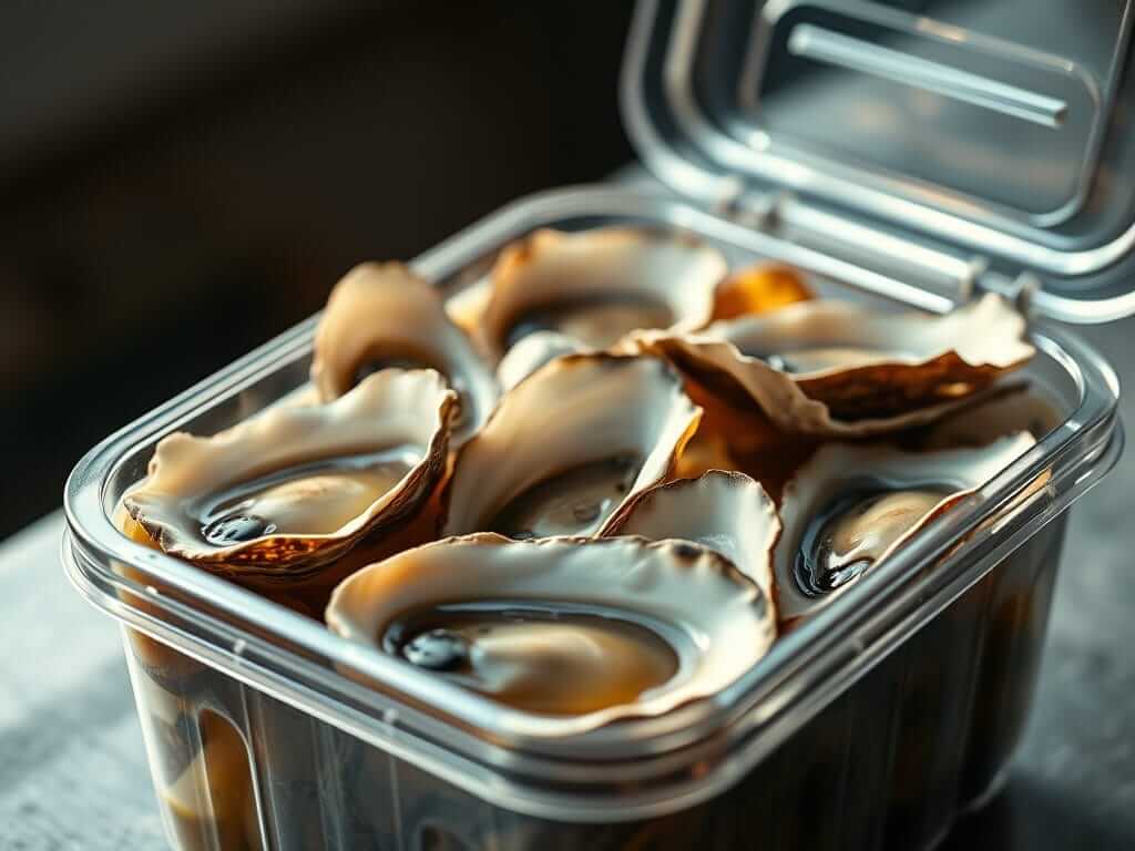 Shucked oysters stored in their liquor in a sealed container for freshness.