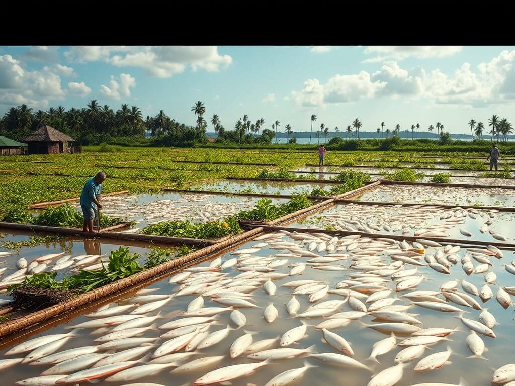 A Filipino aquaculture farm with large milkfish ponds, tilapia ponds, and shrimp farms, surrounded by tropical plants and palm trees, near the coastal waters of the Philippines.
