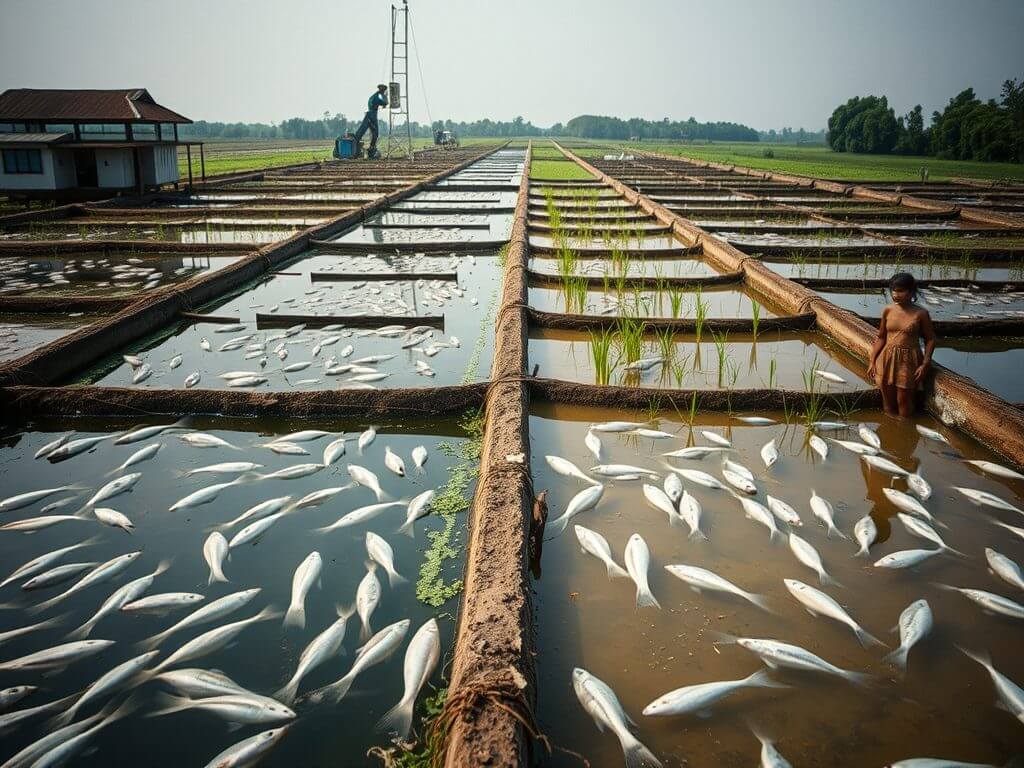 Top Aquaculture Producers: A Vietnamese aquaculture farm in the Mekong Delta with ponds for pangasius and shrimp farming, featuring traditional houses, rice paddies, and fishermen collecting shrimp.