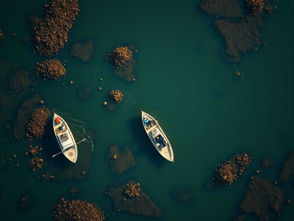 Aerial view of oyster reef restoration in Chesapeake Bay, showing boats and workers actively planting oysters