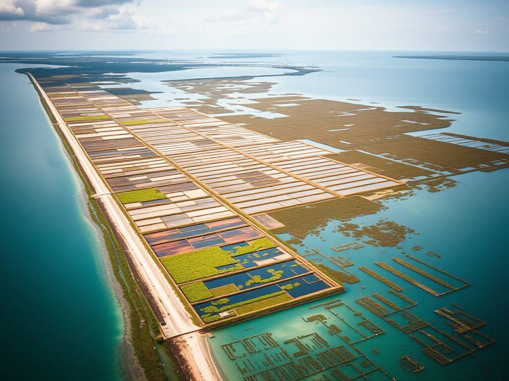 Aerial view of Indonesian shrimp and seaweed farms along the coastline, featuring rectangular shrimp ponds on land and seaweed farms offshore, with boats harvesting the seaweed.