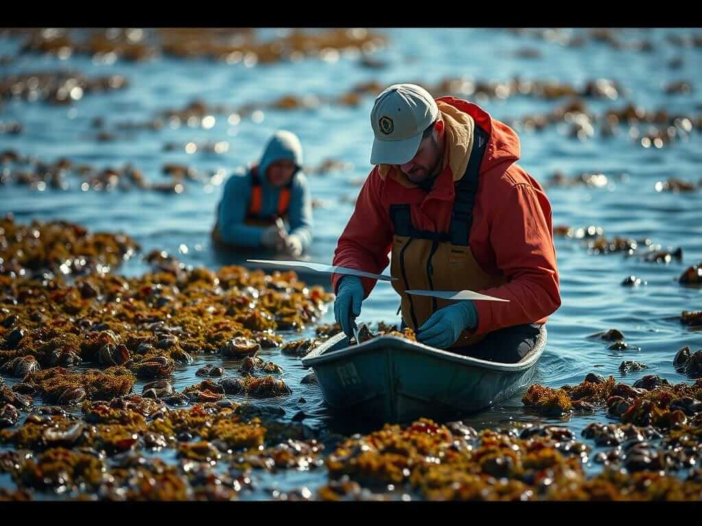Volunteers planting oysters in the shallow waters of Chesapeake Bay under a clear blue sky, with coastal vegetation in the background