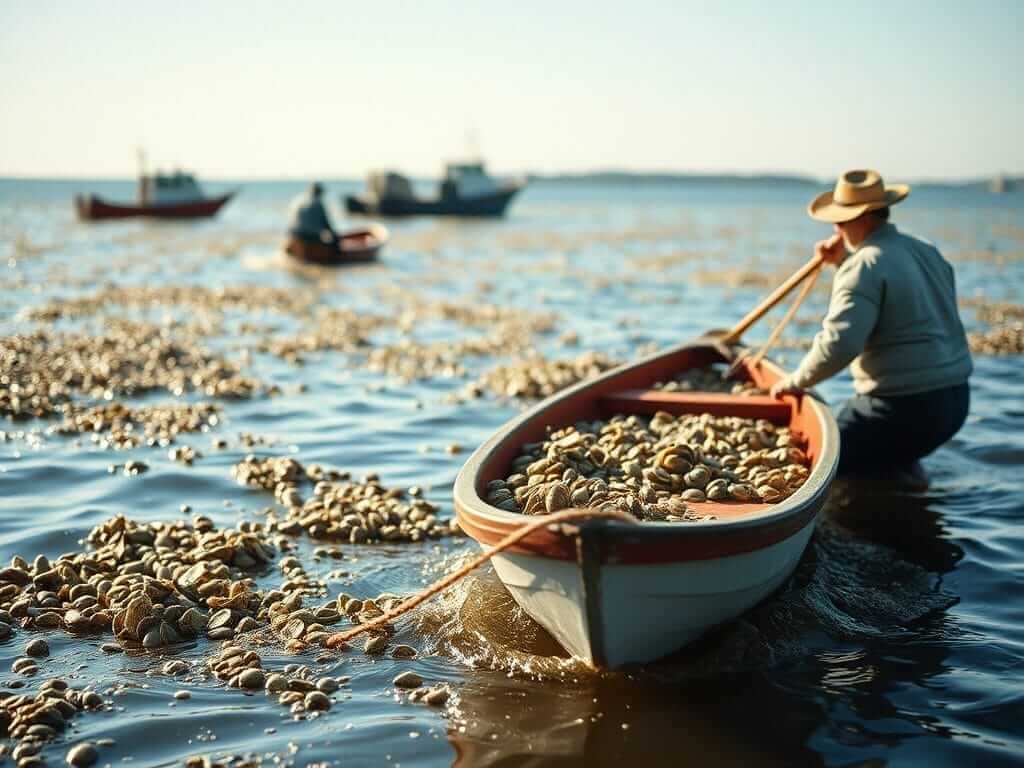 Boats equipped with oyster spat being released into the Chesapeake Bay, with advanced GPS mapping devices guiding the planting process.