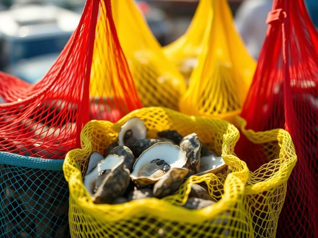 Oysters stored in a mesh bag and a shallow tray with a damp cloth to maintain freshness.
