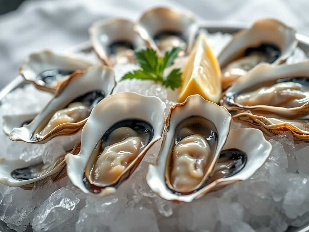 oysters served raw on a bed of ice with lemon