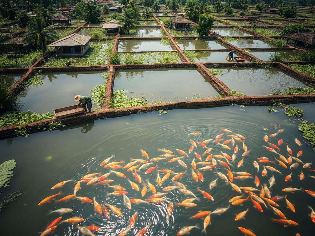 A rural Bangladeshi aquaculture farm with ponds for carp, tilapia, and shrimp farming, set against a backdrop of rice paddies, traditional huts, and tropical vegetation.