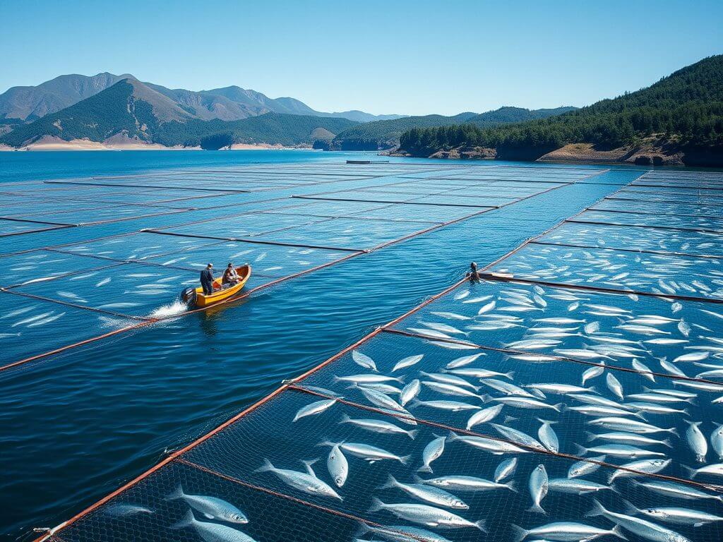  A Chilean coastal salmon farm with floating net pens for Atlantic and coho salmon, set against a backdrop of rugged hills, forests, and the Andes mountains in the distance.