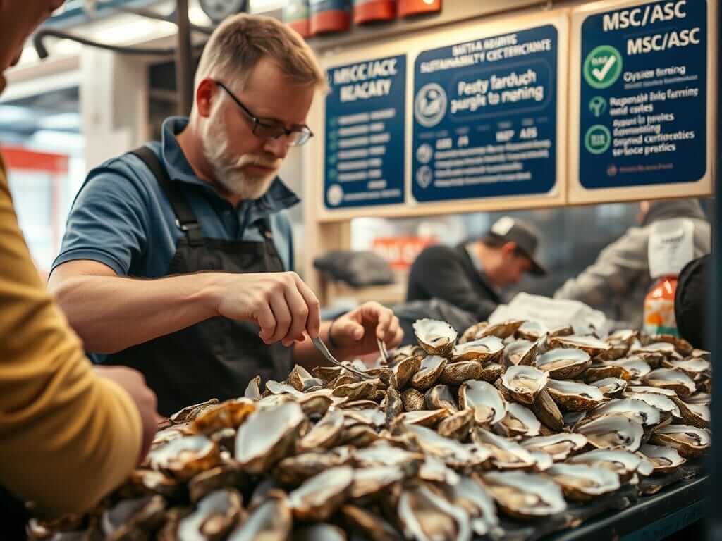 A clean seafood market display with fresh oysters on ice, clearly labeled by species, origin, and harvest date, while a vendor explains the different oyster varieties to a customer. Sustainability certifications and responsible sourcing information are visible in the background.