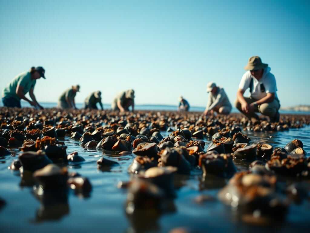 Group of volunteers of all ages participating in an oyster planting event on Maryland's shoreline, with bags of oyster shells prepared for use.