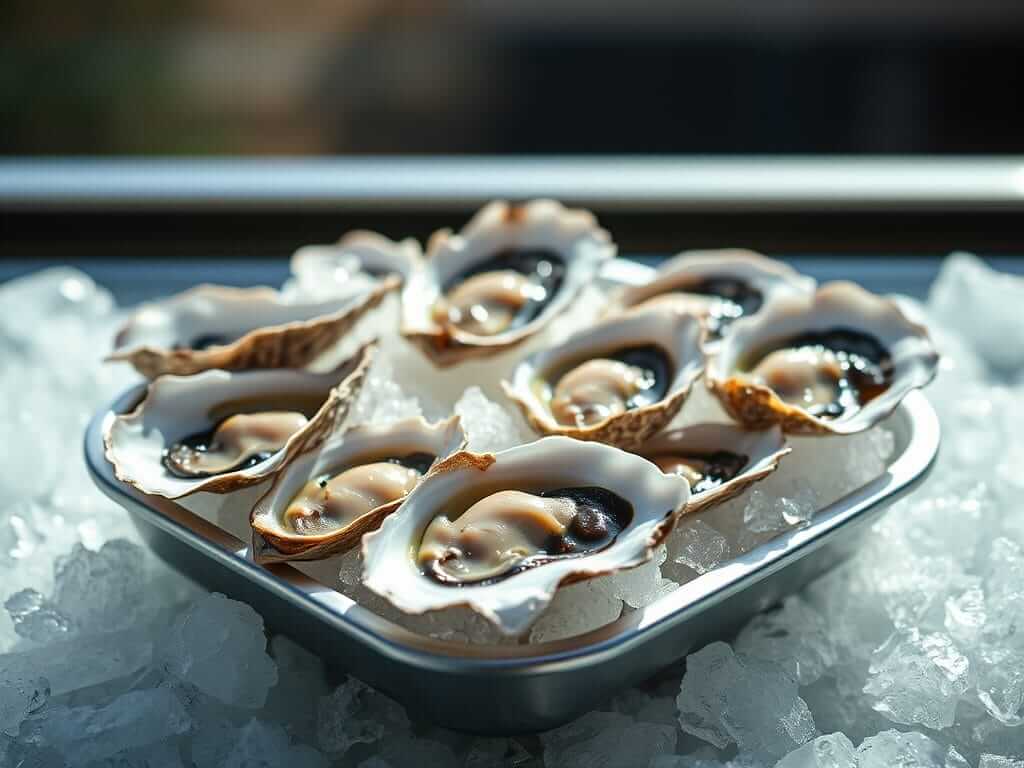 Oysters stored on a tray, positioned above melting ice with proper drainage to avoid water submersion