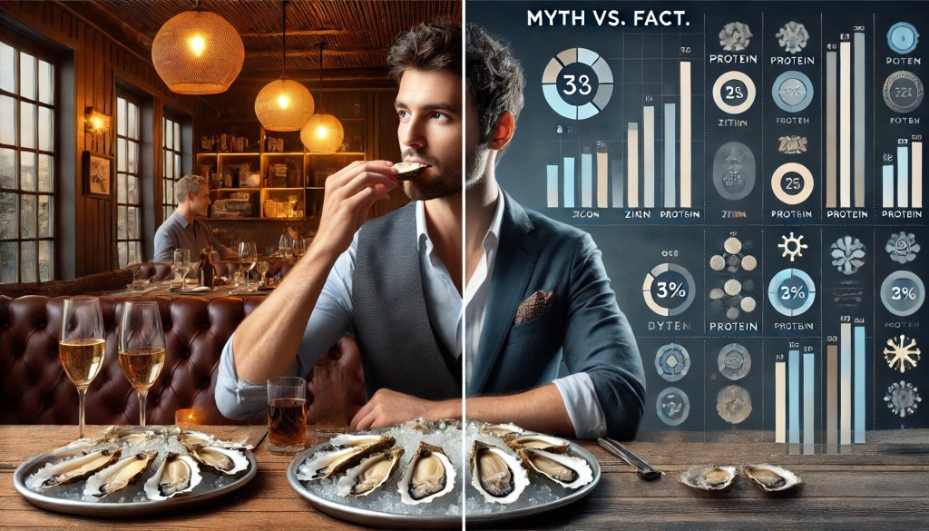 Split image of a man eating oysters confidently on one side and a scientific chart showing oyster nutrition on the other, illustrating myth versus fact