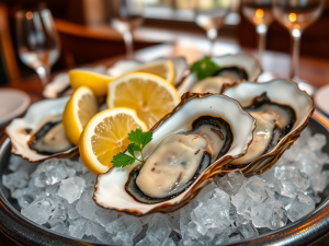 Fresh oysters on ice with lemon wedges, showcasing the perfect seafood presentation for year-round enjoyment