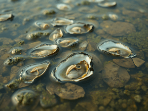 Oysters in their natural spawning season, illustrating how warmer months impact their texture and flavor.