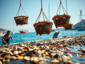 Oyster farm workers harvesting fresh oysters from clean coastal waters, ensuring year-round quality and safety.