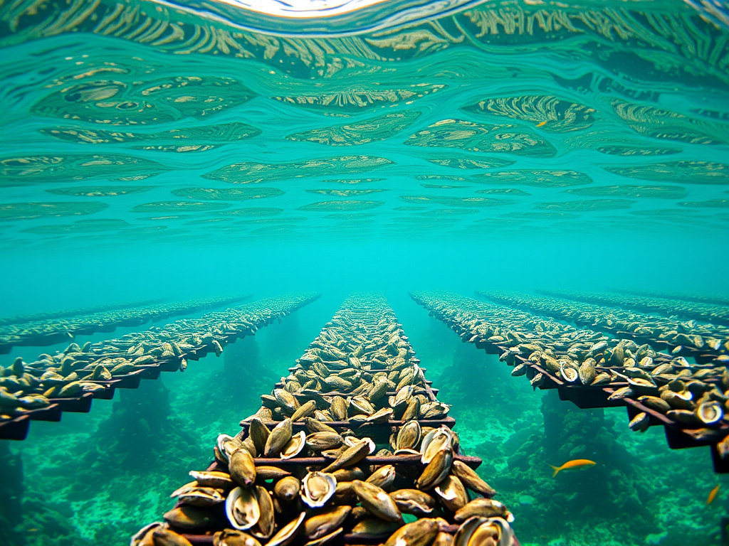 "Sustainable oyster farm underwater, showcasing clean waters and oysters growing in an eco-friendly marine environment."

