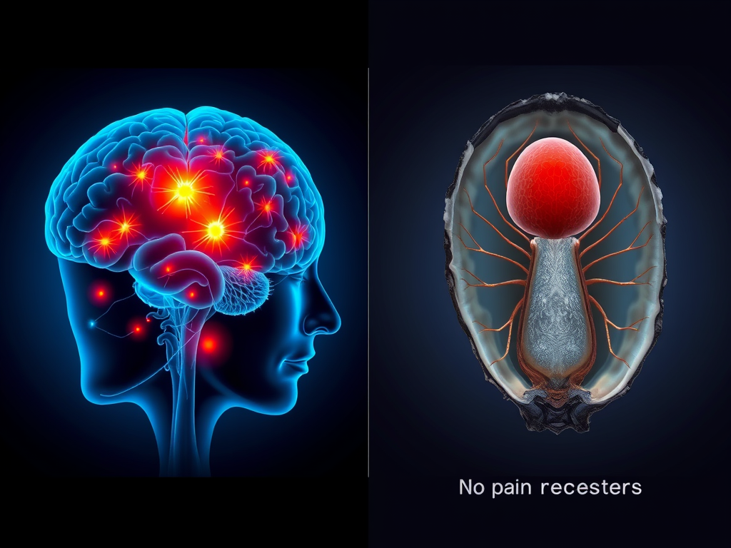 "Side-by-side comparison of a human brain with pain receptors and an oyster&rsquo;s simple nervous system, emphasizing the lack of pain perception in oysters."

