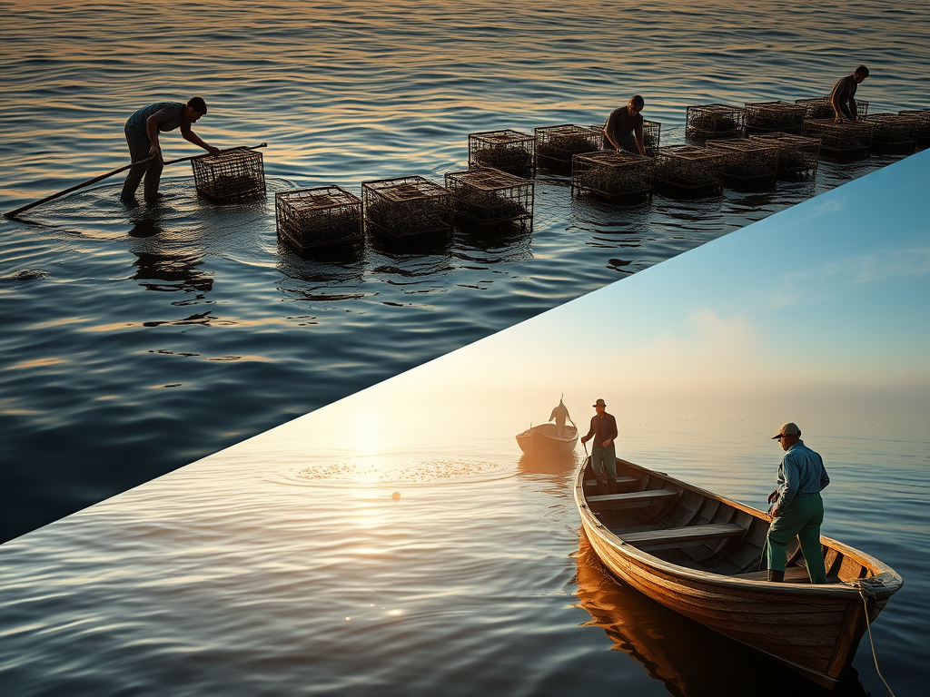 Contrasting modern oyster farming efficiency with historical wild harvesting methods, highlighting the evolution from traditional to contemporary production techniques through a split-screen aerial view