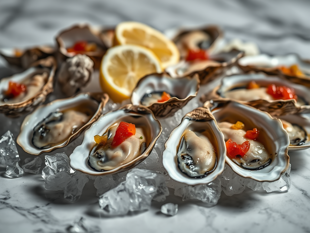 Elegant plating of fresh oysters on ice with classic garnishes, showcasing variety in size and presentation