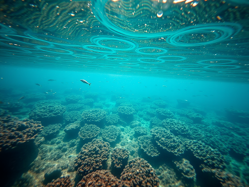 Underwater scene showing vibrant oyster reef ecosystem with fish swimming through beds, demonstrating environmental benefits