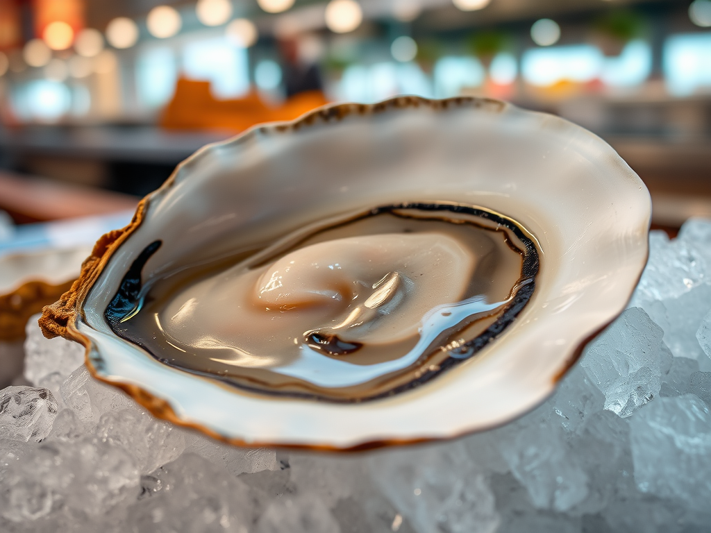 "A close-up of a freshly harvested off-bottom oyster on crushed ice, highlighting its deep cup, clean shell, and premium quality, with a seafood restaurant background."

