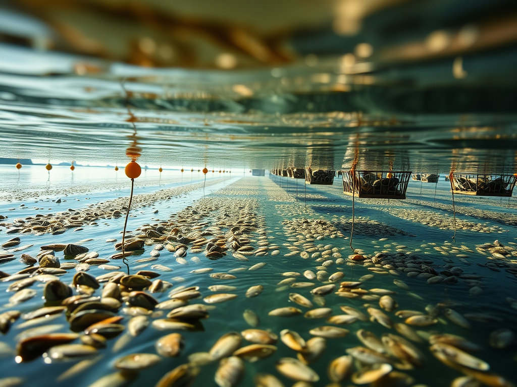 "A close-up of an off-bottom oyster farm with floating bags and suspended cages in a coastal bay, showing oysters growing underwater in a controlled environment."