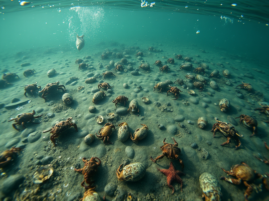 "An underwater oyster farm facing challenges such as shifting sediment, oyster predators like crabs, and murky water caused by storms."