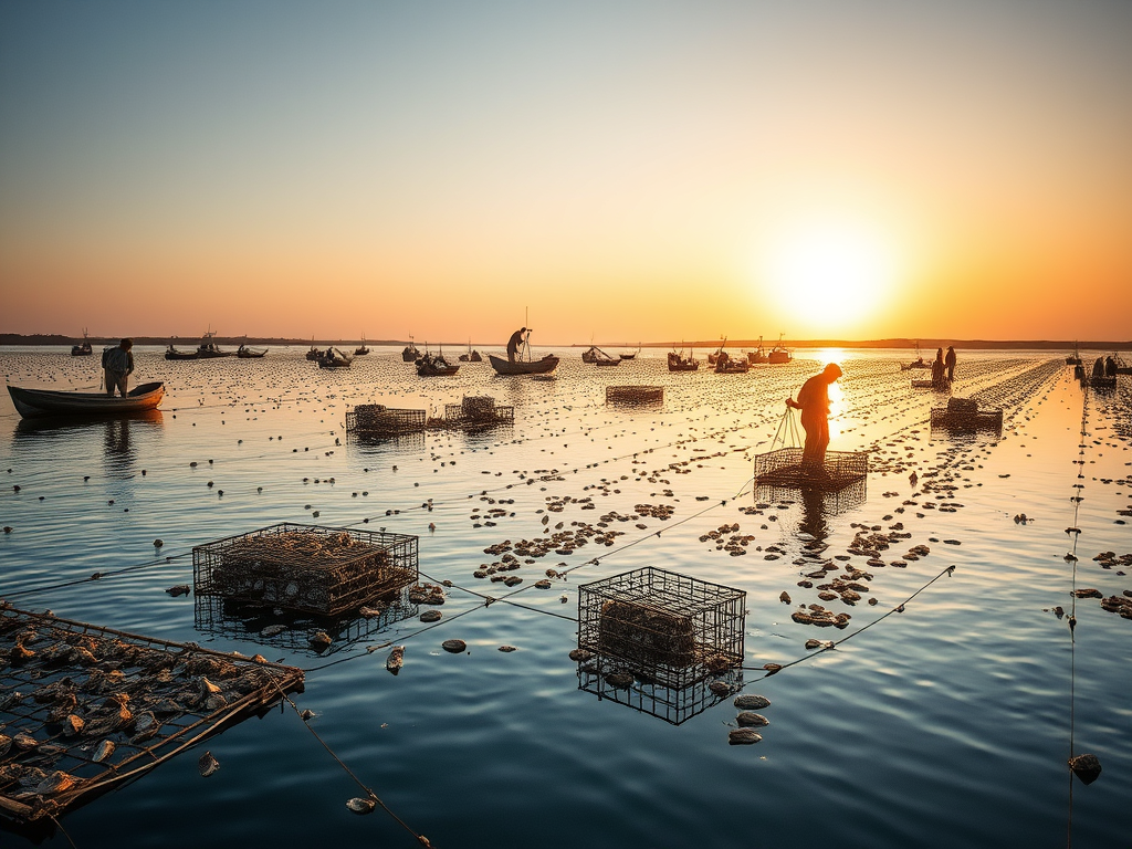"A coastal oyster farm at sunrise, showcasing floating cages and suspended bags used in off-bottom oyster farming, with workers tending to the oyster lines."


