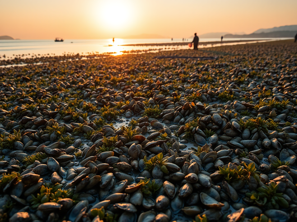 "A scenic coastal oyster farm at sunrise, showcasing the natural seabed where bottom-cultured oysters grow, with fishermen harvesting by hand."