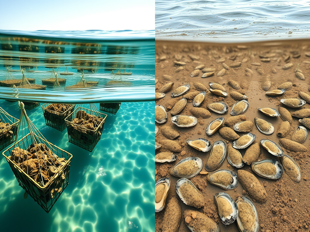 "A comparison of off-bottom and bottom-culture oyster farming, highlighting the cleaner environment and improved oyster growth in suspended cages versus seabed farming."

