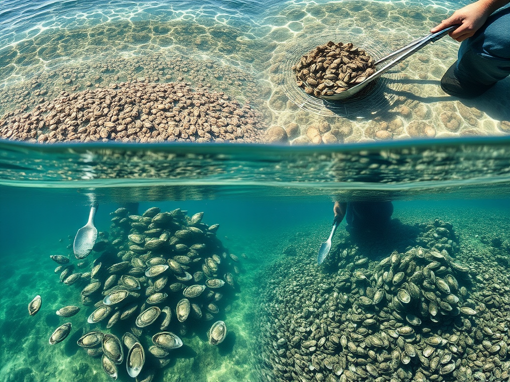 "A three-step visual guide showing spat being spread on the seabed, oysters growing naturally, and a harvester using tongs to collect mature oysters."