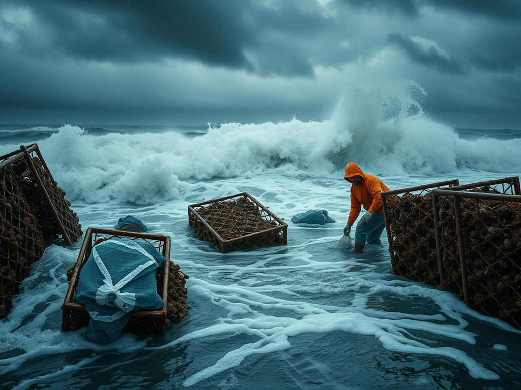 "A storm hitting an oyster farm, with waves crashing against racks and a farmer securing mesh bags to prevent damage."


