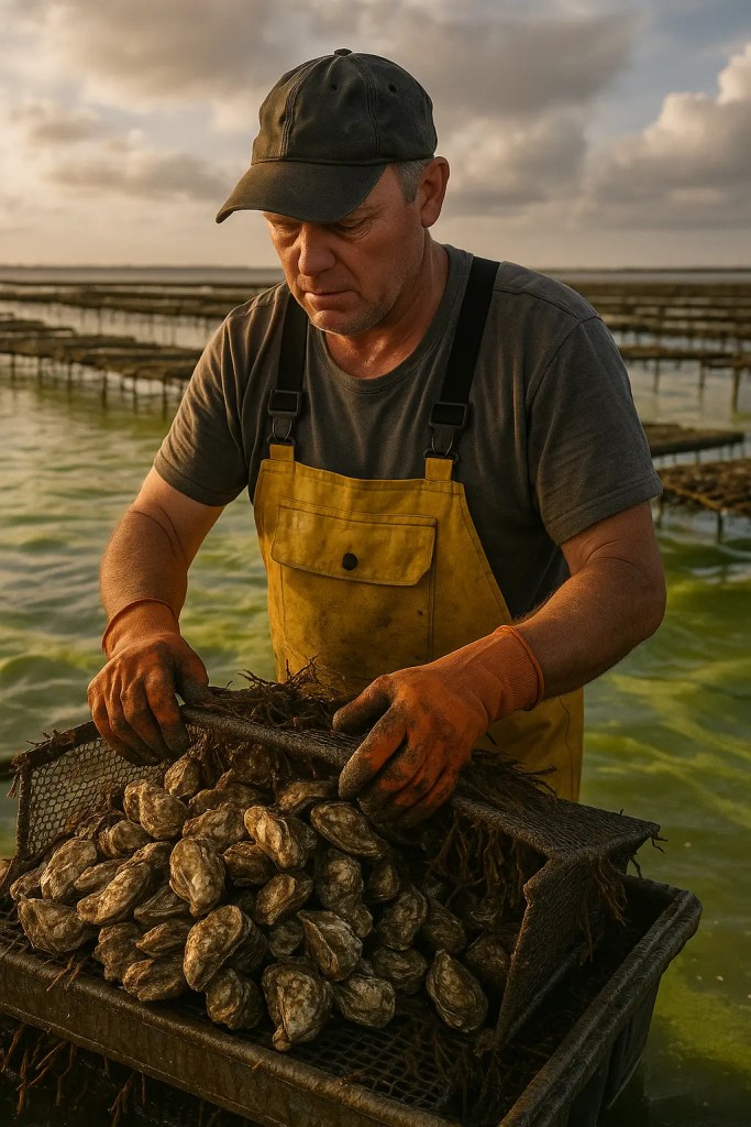 Oyster farmer in yellow overalls sorting oysters from a basket at a farm during sunset, with algae-stained water in the background.

