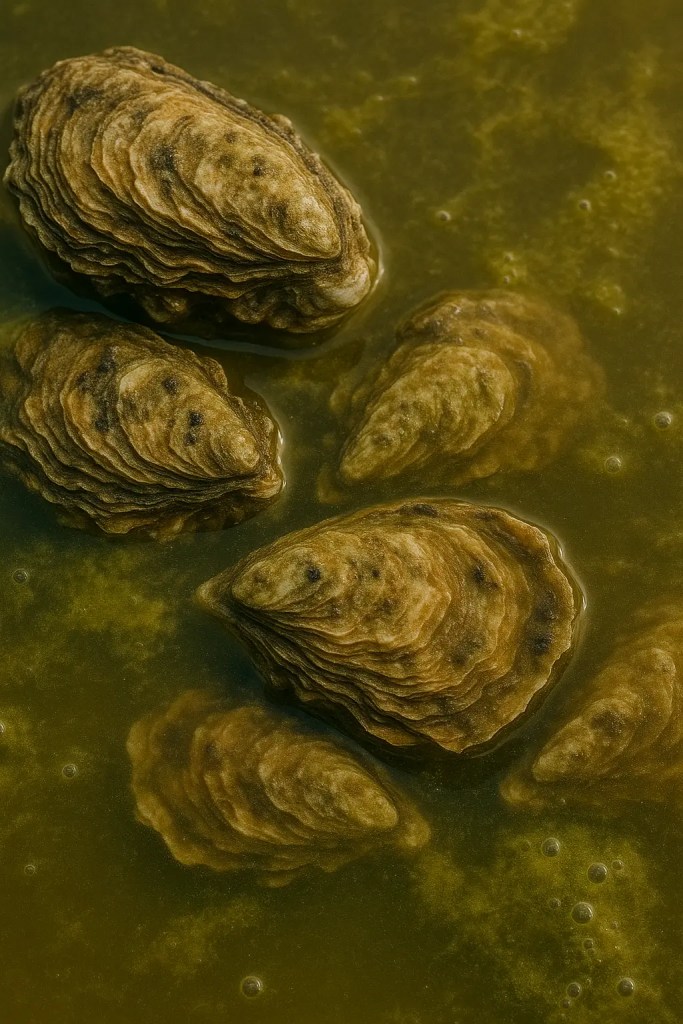 Close-up of four rough-shelled oysters on wet sand next to a green algae patch, highlighting texture and discoloration. will south australias oyster industry survive this?

