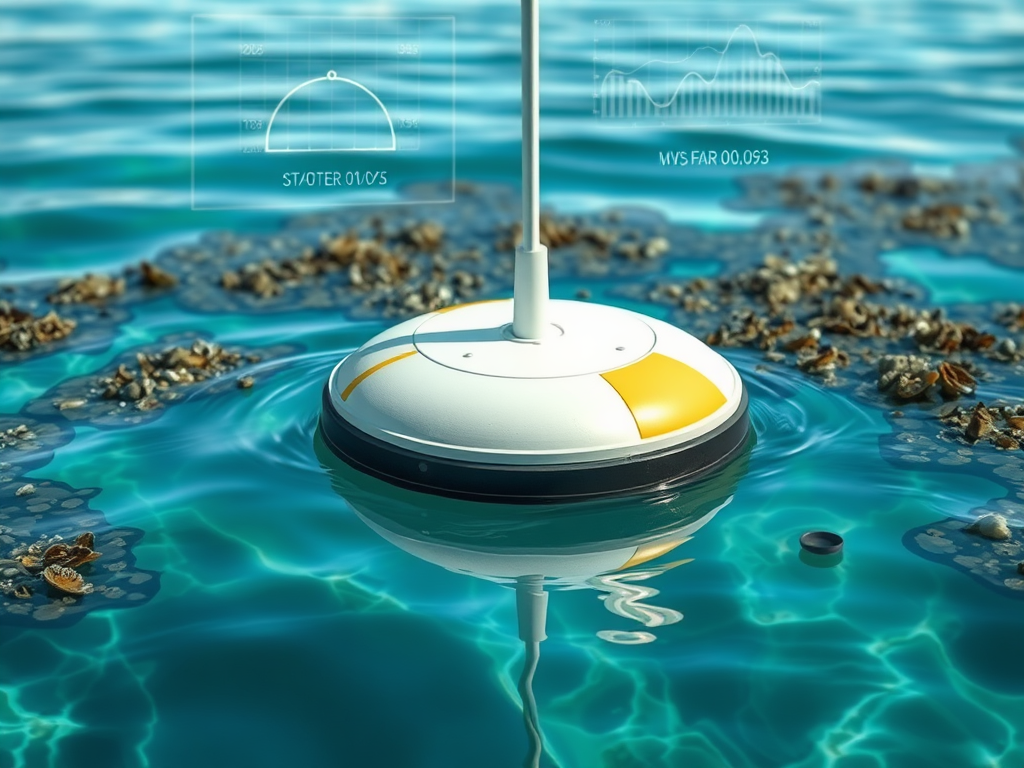 Smart buoy in an oyster farm transmitting environmental data via AI-powered sensors.