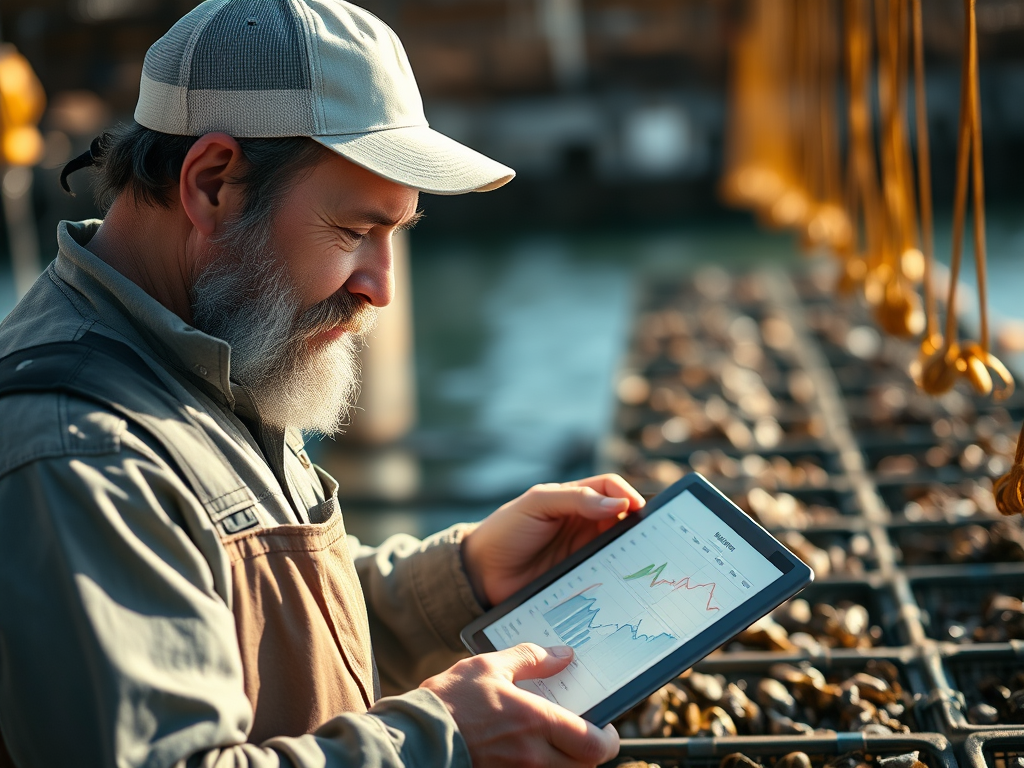 Oyster farmer analyzing harvest predictions on a tablet