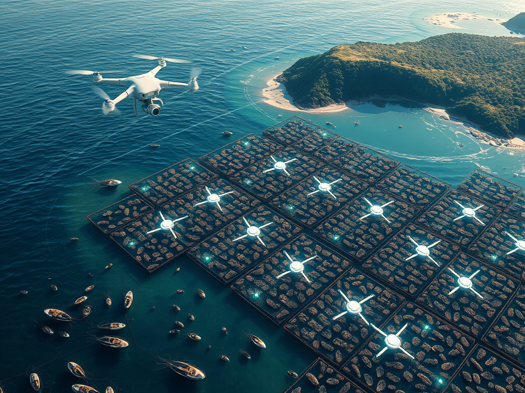 Concept of future oyster farming with drones, satellites, and blockchain integration.