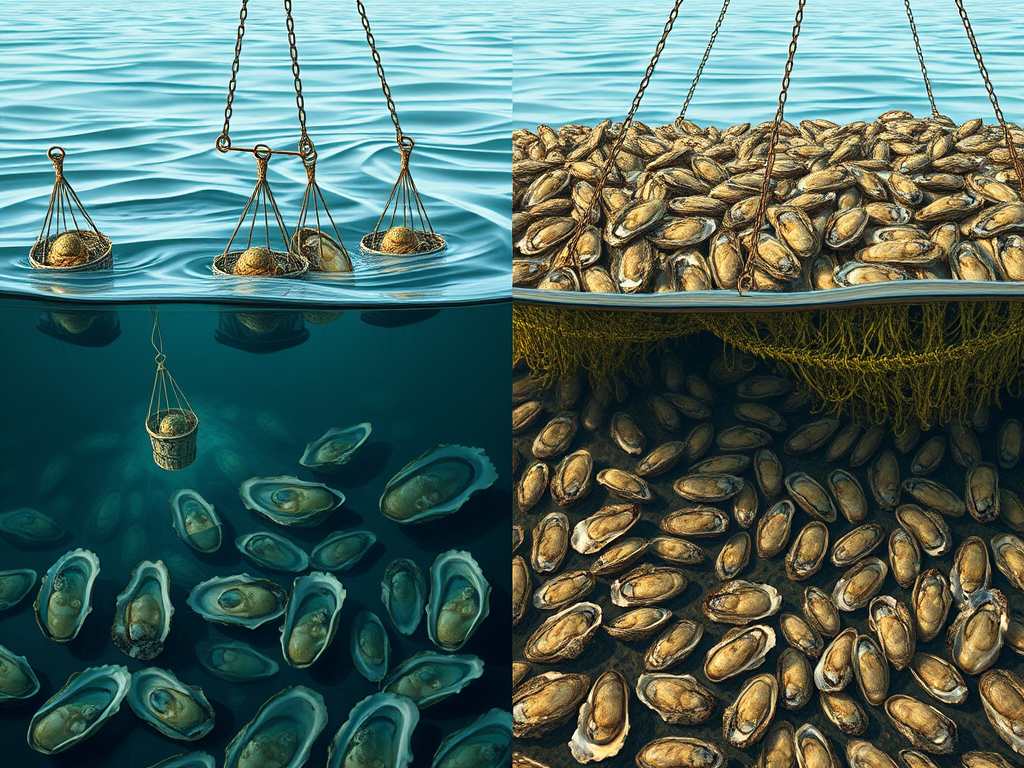 Side-by-side visual comparison of different oyster farming techniques and their impacts on oyster characteristics.