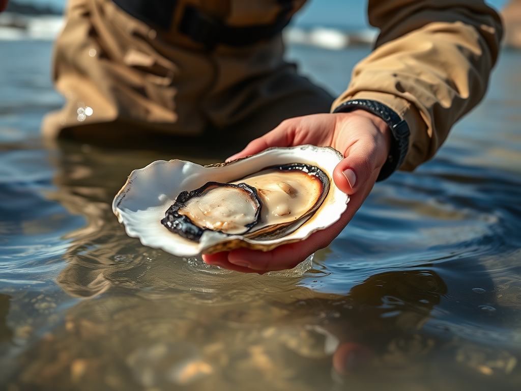 Wader holding a large Coffin Bay oyster at an in-water table.
