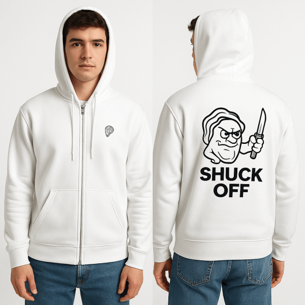 Shuck Off White Zip Hoodie – Unisex Oyster Shucking Hoodie - Image 3