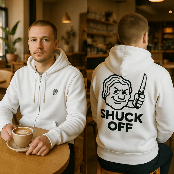 Shuck Off White Zip Hoodie – Unisex Oyster Shucking Hoodie - Image 5